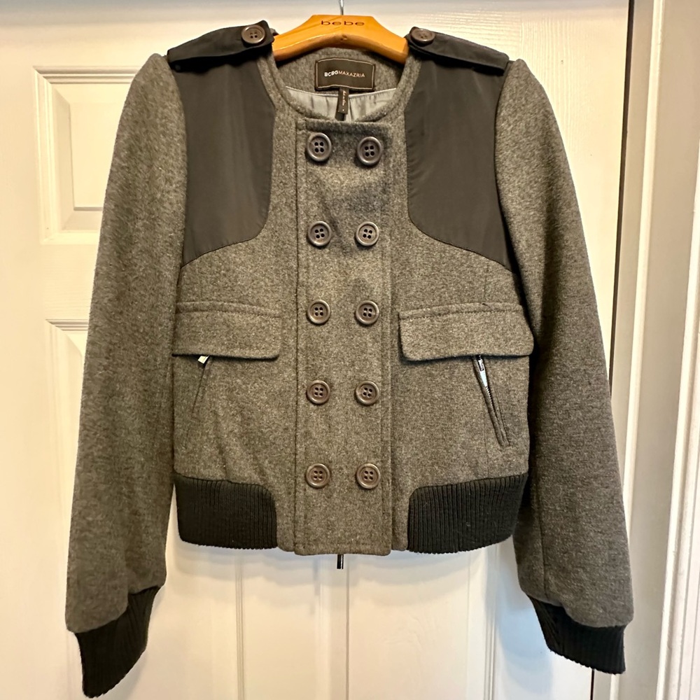 BCBGMaxazria Gray and Black Small Short Pea Coat Jacket